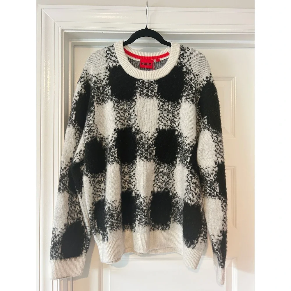 $589 HUGO Boss Shequer Wool Alpaca Blend Oversized Sweater‎ Black White Check XL
